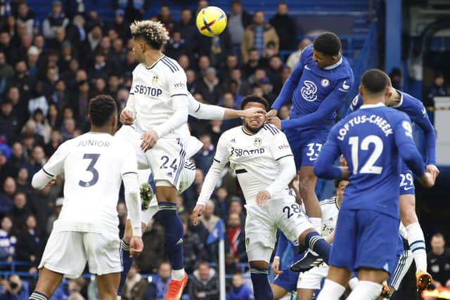 HIGHEST BIDDER: Chelsea's Wesley Fofana top right, scores what proved to be the only goal of their Premier League game against visitors' Leeds United at Stamford Bridge Picture: AP/David Cliff