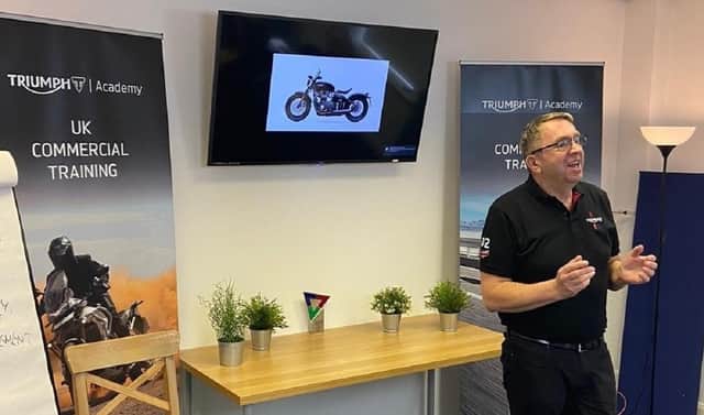 MotorVise head of training Steve Baker delivers a virtual  session to staff at Triumph Motorcycles.