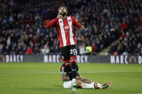 Sheffield United's Jayden Bogle rues a missed chance during the Emirates FA Cup fourth-round match against Brighton at Bramall Lane. Picture: Richard Sellers/PA Wire.