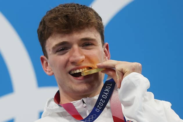 Matty Lee of Team Great Britain poses with the gold medal during the medal presentation for the Men's Synchronised 10m Platform Final on day three of the Tokyo 2020 Olympic Games at Tokyo Aquatics Centre on July 26, 2021 in Tokyo, Japan. (Picture: Clive Rose/Getty Images)