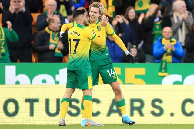 REBELLION QUASHED: Emiliano Buendia and Todd Cantwell at Norwich City