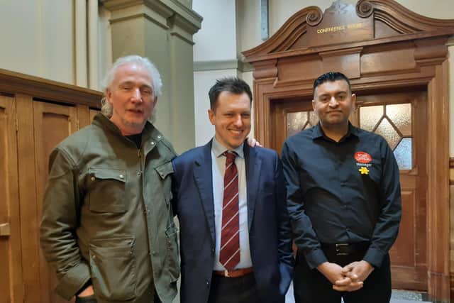 Abbeydale Road bar owner Charlie Chester, Ecclesall Road dentist Richard Brogden and Ecclesall Road postmaster Nas Raoof, who all oppose proposals for red line bus priority routes on both roads, at a previous Sheffield City Council meeting