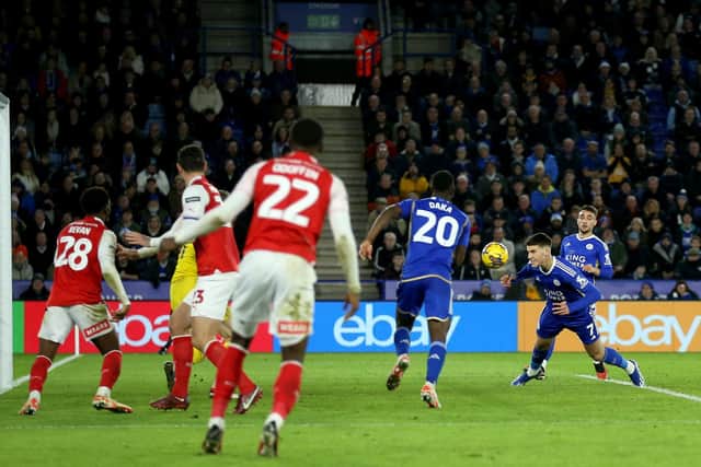Leicester City's Cesare Casadei (right) scores his sides third goal of the game during the Sky Bet Championship match at the King Power Stadium, Leicester. Image: Nigel French/PA Wire