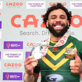 Josh Addo-Carr poses with the Cazoo player of the match award. (Photo by Alex Livesey/Getty Images for RLWC)