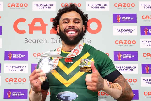 Josh Addo-Carr poses with the Cazoo player of the match award. (Photo by Alex Livesey/Getty Images for RLWC)