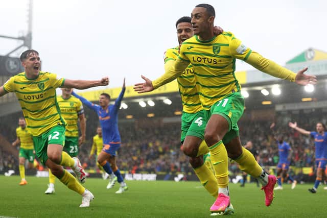 DECISVE BLOW: Norwich City's Adam Idah (right) celebrates scoring his side's late - and controversial - winning goal against Hull City at Carrow Road. Picture: George Tewkesbury/PA