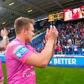 Hull KR's Jez Litten thanks the fans and supporters after the win at Huddersfield. (Photo: Olly Hassell/SWpix.com)