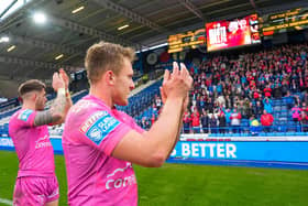 Hull KR's Jez Litten thanks the fans and supporters after the win at Huddersfield. (Photo: Olly Hassell/SWpix.com)