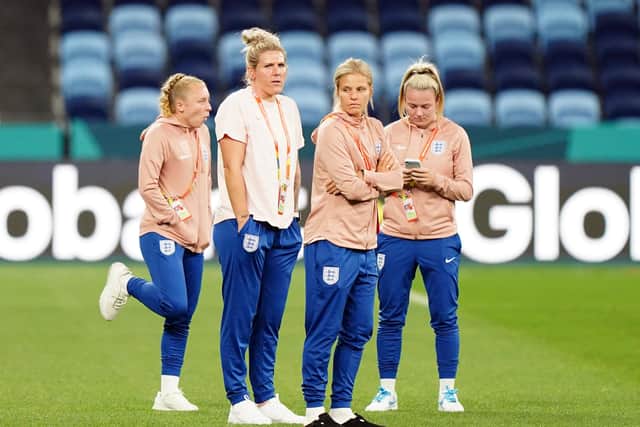 England's (left-right) Katie Robinson, Millie Bright,  Rachel Daly and Lauren Hemp on the pitch at the Sydney Football Stadium. Photo credit: Zac Goodwin/PA Wire.