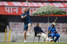 ON THE BALL: England captain Ben Stokes bowls during a nets session in Ranchi Picture: Gareth Copley/Getty Images