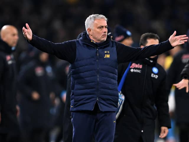 NAPLES, ITALY - JANUARY 29: Jose Mourinho AS Roma coach shows his disappointment during the Serie A match between SSC Napoli and AS Roma at Stadio Diego Armando Maradona on January 29, 2023 in Naples, Italy. (Photo by Francesco Pecoraro/Getty Images)