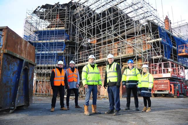 Pictured in front of the Castle Street Chambers building are Tom Cannon, project manager, left, and Jonathan Stubbs, development director, of Wykeland Group, with, rear, from left, Paul Thurlow, director of The Yorkshire Demolition and Reclamation Company; James Lockwood, director, ID Architecture; Keith Ritchie, director, Voase Builders; and Rose Kennedy, chartered quantity surveyor at LHL Group. Picture: Katie Pugh