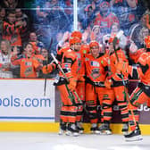 SMILE: Sheffield Steelers' players celebrate Brett Neumann's goal against Coventry Blaze on Sunday. Picture courtesy of Dean Woolley/Steelers Media/EIHL