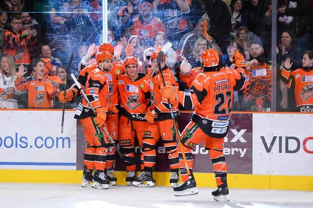 SMILE: Sheffield Steelers' players celebrate Brett Neumann's goal against Coventry Blaze on Sunday. Picture courtesy of Dean Woolley/Steelers Media/EIHL