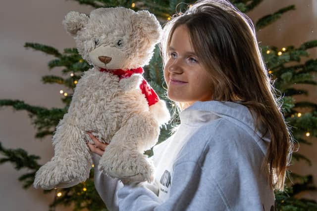 Juliet Taylor 16 with Coldpaws,  the teddy bear she was given whilst in the LGI with a brain tumour.