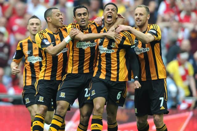 HIGH POINT: Curtis Davies puts Hull City 2-0 up in the 2014 FA Cup final