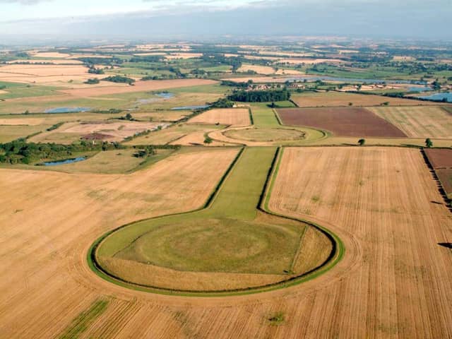 Thornborough Henges, with the northernmost henge that is for sale at the top of the image