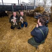 Date: 3rd March 2022.
Picture James Hardisty.
Pictured The stars of Channel 5's On The Farm, brothers Dave and Rob Nicholson, being filmed amongst the lambing ewes as part of a new series