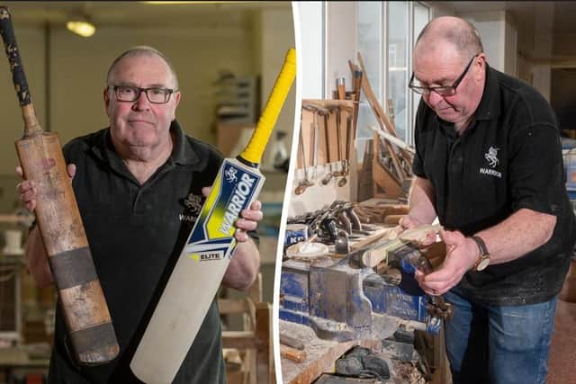 Cricket-mad Ian Sampson, 69, works from his humble 30m x 4m shop in Wakefield, handcrafting wooden bats using techniques unchanged for centuries. (SWNS)