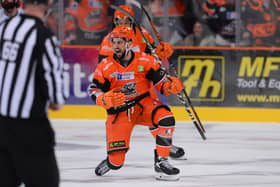 WAY TO GO: Brandon McNally celebrates scoring sixth and final goal in the 6-0 win over Elite League rivals Fife Flyers. Picture courtesy of Dean Woolley/EIHL.