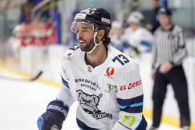 DOUBLE DELIGHT: Matt Bissonnette found the net both nights for Sheffield Steeldogs, as they eked out one-goal wins against NIHL National rivals Basingstoke Bison and Bees IHC. Picture courtesy of Peter Best/Steeldogs Media