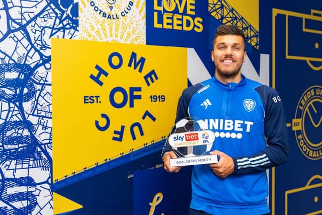 Leeds United striker Joel Piroe, pictured with his Sky Bet Championship goal of the month award for September.
