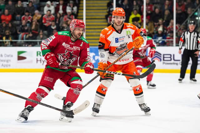 WE MEET AGAIN: Robert Dowd takes on Cardiff's Joey Martin during last month's Challenge Cup quarter-final second leg clash in Cardiff, which Steelers won 5-3 for 10-4 aggregate win (Picture: James Assinder/EIHL Media)