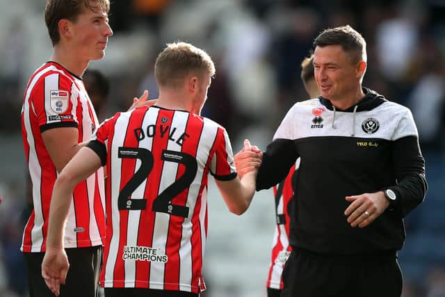 Sheffield United manager Paul Heckingbottom greets Tommy Doyle following the Sky Bet Championship match at Deepdale Stadium, Preston. Picture: Isaac Parkin/PA Wire.