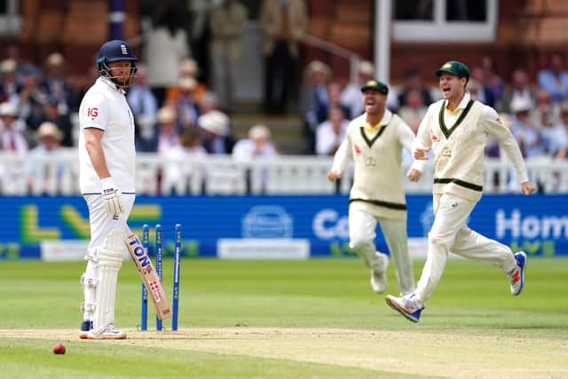 England's Jonny Bairstow (left) looks frustrated after being run out by Australia's Alex Carey. PIC: Mike Egerton/PA Wire.