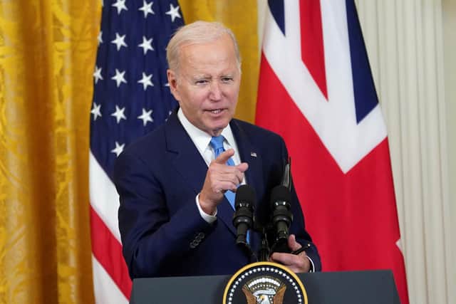 US President Joe Biden speaks during a joint press conference with Prime Minister Rishi Sunak. Picture: Kevin Lamarque/PA Wire
