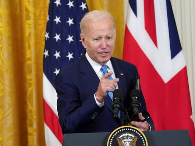 US President Joe Biden speaks during a joint press conference with Prime Minister Rishi Sunak. Picture: Kevin Lamarque/PA Wire