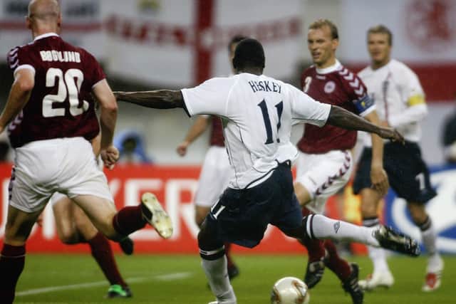Emile Heskey scored seven goals in 62 appearances for England including this the third goal during the FIFA World Cup Finals 2002 Second Round match between Denmark and England played at the Niigata Big Swan Stadium, in Niigata, Japan (Picture: Laurence Griffiths/Getty Images)