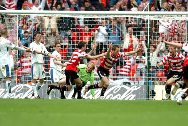 Doncaster Rovers' James Hayter celebrates his goal in the League One play-off final against Leeds United in 2008. Picture: Jonathan Gawthorpe.
