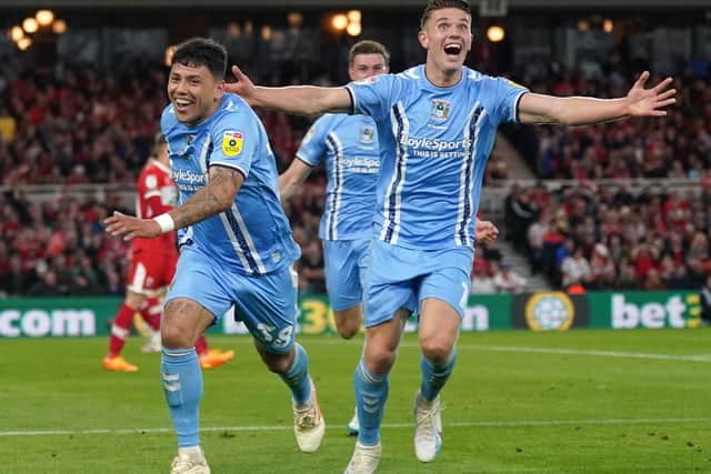 Coventry City's Gustavo Hamer (left) celebrates scoring their side's first goal of the game during the Sky Bet Championship play-off semi-final second leg match at Riverside Stadium, Middlesbrough. Picture date: Wednesday May 17, 2023. PA Photo. See PA story SOCCER Middlesbrough. Photo credit should read: Owen Humphreys/PA Wire.

RESTRICTIONS: EDITORIAL USE ONLY No use with unauthorised audio, video, data, fixture lists, club/league logos or "live" services. Online in-match use limited to 120 images, no video emulation. No use in betting, games or single club/league/player publications.