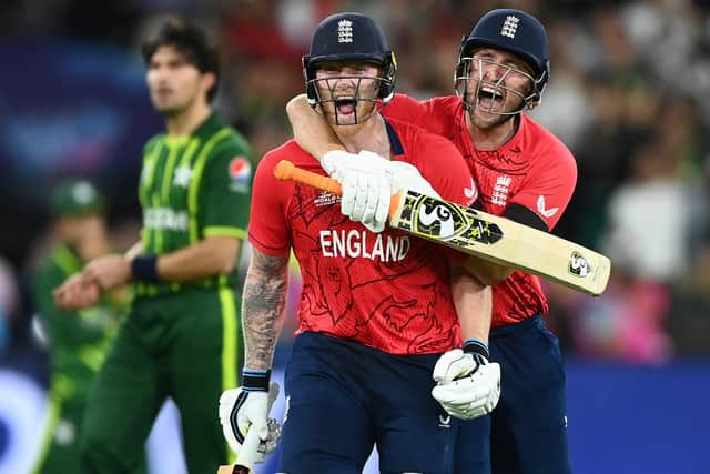 Ben Stokes and Liam Livingstone of England celebrate winning the ICC Men's T20 World Cup Final (Picture: by Quinn Rooney/Getty Images)