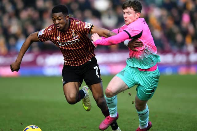 CRUCIAL: Josh Neufville beatJames Maxwell too easily in the build-up to Tyreik Wright's goal (Image: Jonathan Gawthorpe)