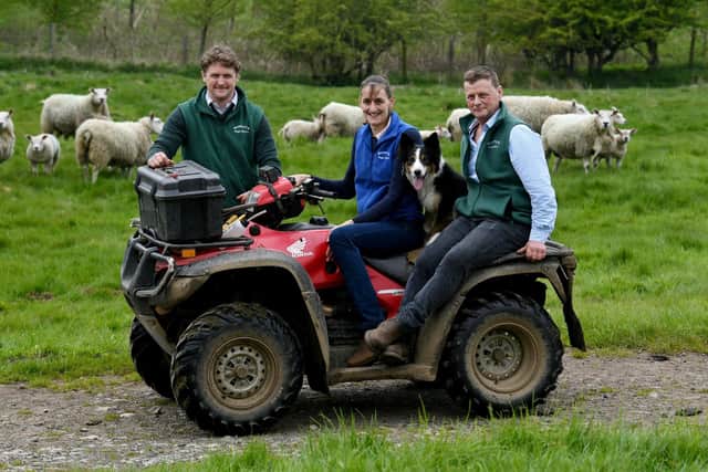 Rookwith House, Rookwith, Ripon. Ed Page (left) is pictured with Martin and Heather Grayshon and dog Raven on the farm