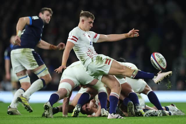 Jack van Poortvliet of England kicks the ball upfield during the Six Nations Rugby match between England and Scotland after a creaking England scrum (Picture: David Rogers/Getty Images)