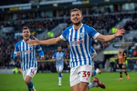 Michal Helik celebrates scoring for Huddersfield Town against Hull City in January. Picture: Bruce Rollinson.