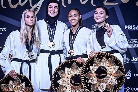 Aaliyah Powell with her fellow 62kg category medallists at the taekwondo world championships in Mexico.