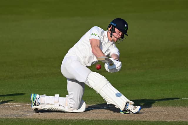Fin Bean hits out on his way to the top score of 49 in the Yorkshire first innings. Photo by Mike Hewitt/Getty Images.