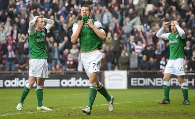 Dejection for Hibernian's Jordon Forster after his goal was ruled out for offside
