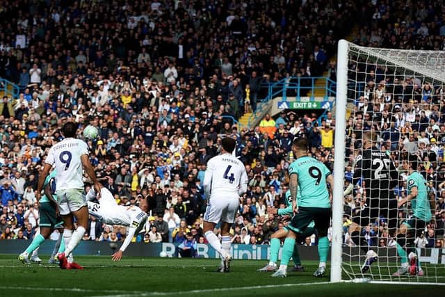 NOT BAD FOR STARTERS: James Justin puts Leeds United in front with an overhead kick (Image: George Wood/Getty Images)