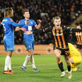 HULL, ENGLAND - JANUARY 06: Matty Jacob of Hull City celebrates scoring his team's first goal during the Emirates FA Cup Third Round match between Hull City and Birmingham City at MKM Stadium on January 06, 2024 in Hull, England. (Photo by Matt McNulty/Getty Images)