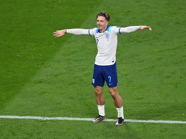 DOHA, QATAR - NOVEMBER 21: Jack Grealish of England celebrates after scoring their team's sixth goal during the FIFA World Cup Qatar 2022 Group B match between England and IR Iran at Khalifa International Stadium on November 21, 2022 in Doha, Qatar. (Photo by Justin Setterfield/Getty Images)