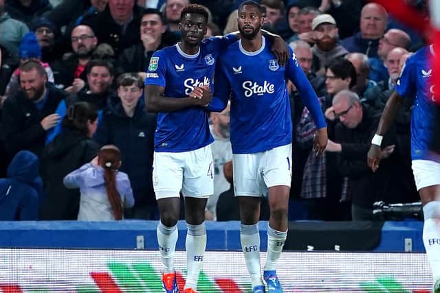 Everton's Beto (right) celebrates scoring their side's third goal of the game with team-mate Tim Iroegbunam during the Carabao Cup second round match at Goodison Park, Liverpool. Picture: Peter Byrne/PA Wire.