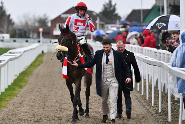 The Real Whacker ridden by Sam Twiston-Davies celebrate after winning The Brown Advisory Novices Steeple on the second day of the Cheltenham Festival last year (Picture: GLYN KIRK/AFP via Getty Images)