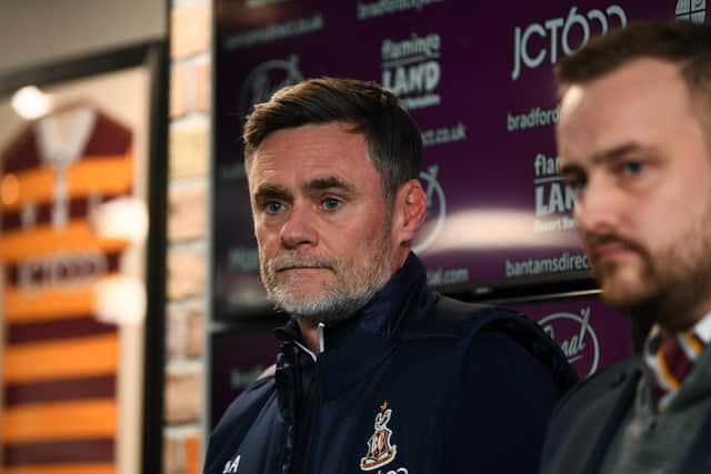 Bradford City manager Graham Alexander (left), flanked by chief executive officer Ryan Sparks. Picture: Jonathan Gawthorpe.