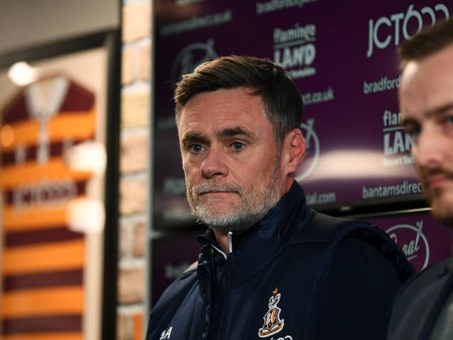 Bradford City manager Graham Alexander (left), flanked by chief executive officer Ryan Sparks. Picture: Jonathan Gawthorpe.