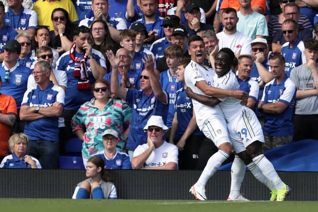 Leeds United's Joel Piroe (left) celebrates with team mate Wilfried Gnonto (right) after scoring scoring his side’s third goal during the Sky Bet Championship match at Portman Road, Ipswich. Picture:: George Tewkesbury/PA Wire.